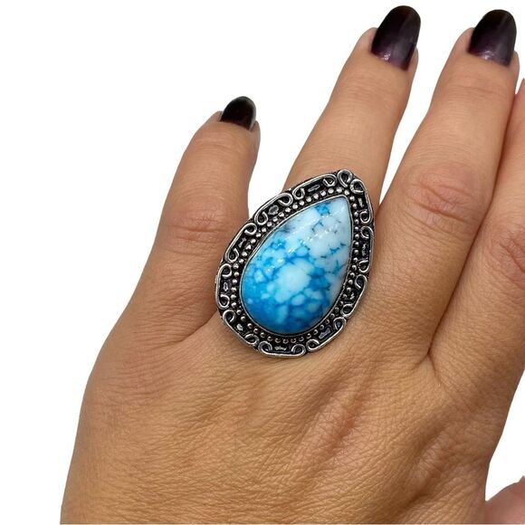 Marine Blue Dendritic Opal Ring Size 9.5 925 Sterling Silver Overlay Stone
